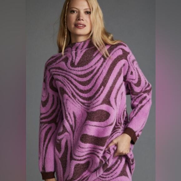 Anthropologie Pink/Rose Mod Print Rib Trim Fuzzy Sweater Medium - Picture 1 of 9